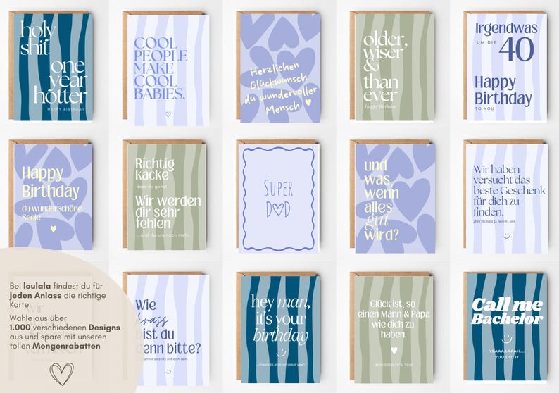 May include: A collection of fourteen rectangular greeting cards featuring various designs, including wavy striped patterns in blue, green, and purple, alongside heart motifs and printed text in English and German, each paired with a brown envelope.