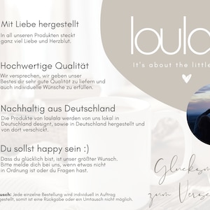 May include: A promotional graphic for "loulala" featuring text in German, including "Mit Liebe hergestellt" and "Hochwertige Qualit&auml;t." The design includes a heart symbol, a photo of two people making a heart with their hands, and a mug.
