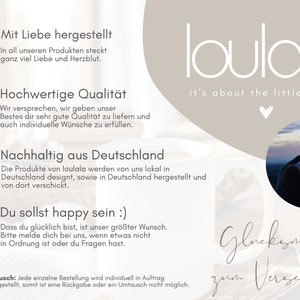 May include: A promotional graphic for "loulala," featuring text in German and a logo. The design includes a heart, a badge, a globe, and a smiley face, with the phrase "It's about the little things." A photo of two people making a heart with their hands is also included.