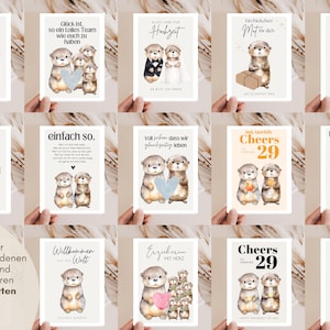 Puede incluir: Una colecci&oacute;n de tarjetas de felicitaci&oacute;n rectangulares con ilustraciones de nutrias en acuarela. Cada tarjeta muestra texto e im&aacute;genes &uacute;nicas, incluyendo nutrias sosteniendo corazones, peces o usando birretes de graduaci&oacute;n, con mensajes en alem&aacute;n e ingl&eacute;s.
