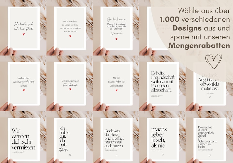 May include: A collection of fourteen rectangular greeting cards featuring various German text quotes in black typography on a light background, each accented with a small red or black heart symbol, displayed in a grid layout with promotional text.