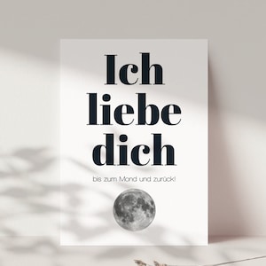 Postkarte ICH LIBE DICH bis zum Mond und zurück in DINA6, Geschenk für Partner, Valentinstag Geschenk, inkl. Naturkuvert nach Wunsch