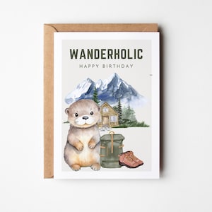 Regalo escursionistico per viaggiatori, cartolina escursionistica per un compleanno con simpatiche lontre, alpinisti, voglia di viaggiare in montagna, simpatica cartolina con lontra