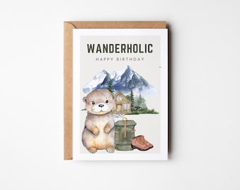 旅行者へのハイキングギフト、かわいいカワウソの誕生日用ハイキングポストカード、登山家、山への放浪癖のあるかわいいカワウソのカード