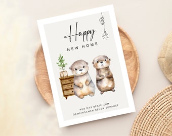Tarjeta de felicitación de bienvenida con una nutria dulce para la mudanza a tu nuevo hogar | Feliz nuevo hogar | Tarjeta de bienvenida | Tarjeta de mudanza