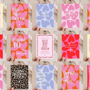Puede incluir: Una colecci&oacute;n de quince tarjetas de felicitaci&oacute;n rectangulares con varios dise&ntilde;os, incluyendo patrones de corazones, estampado de leopardo y rayas onduladas en rosa, naranja, rojo, amarillo y azul, con texto impreso en alem&aacute;n e ingl&eacute;s.