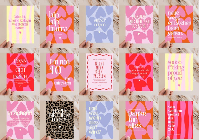 Puede incluir: Una colecci&oacute;n de quince tarjetas de felicitaci&oacute;n rectangulares con varios dise&ntilde;os, incluyendo patrones de corazones, estampado de leopardo y rayas onduladas en rosa, naranja, rojo, amarillo y azul, con texto impreso en alem&aacute;n e ingl&eacute;s.