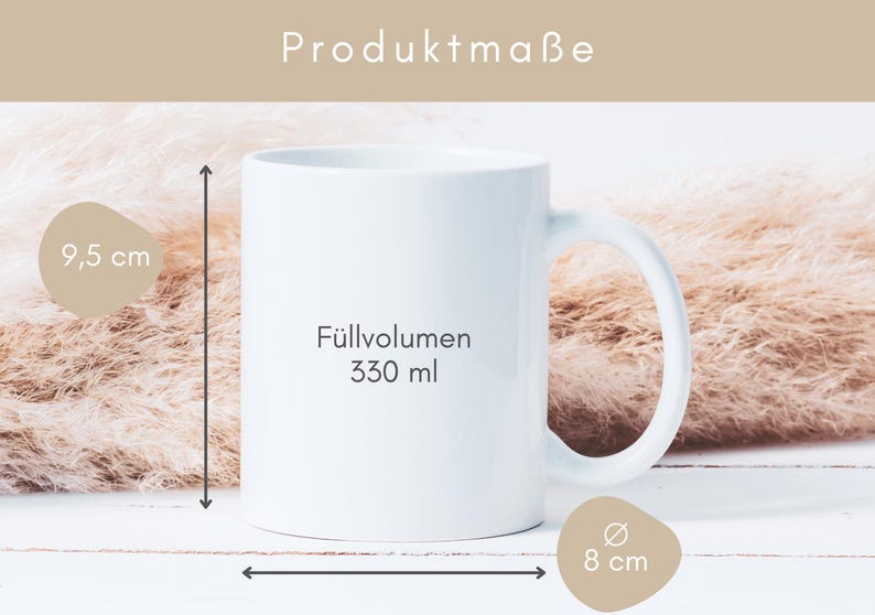 May include: White ceramic mug with black text that says "F&uuml;lllvolumen 330 ml". The mug is 9.5 cm tall and 8 cm wide.