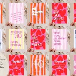 Puede incluir: Una colecci&oacute;n de tarjetas de felicitaci&oacute;n rectangulares con varios dise&ntilde;os gr&aacute;ficos, incluyendo rayas verticales, patrones de corazones y tipograf&iacute;a llamativa con frases como 'Talk 40 to me', 'Oh happy day', 'Holy shit 30 years', 'Bestie' y 'Trauzeugin' en varios colores.