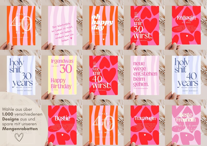 Puede incluir: Una colecci&oacute;n de tarjetas de felicitaci&oacute;n rectangulares con varios dise&ntilde;os gr&aacute;ficos, incluyendo rayas verticales, patrones de corazones y tipograf&iacute;a llamativa con frases como 'Talk 40 to me', 'Oh happy day', 'Holy shit 30 years', 'Bestie' y 'Trauzeugin' en varios colores.