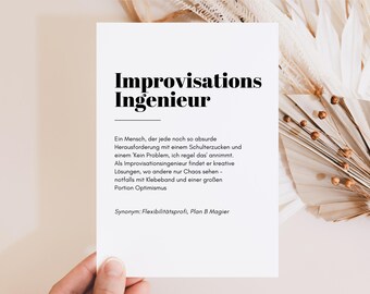 Grappige kaart met spreuk, cadeau voor collega's, baas, grappig cadeau, grappige verjaardagskaart "Improvisatie-ingenieur"