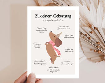 Birthday card dog, card dachshund, funny birthday card woman, card girlfriend birthday, animal card congratulations, dog lover card