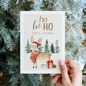 Süße Weihnachtskarte Ho Ho Ho, Merry Christmas, Weihnachtsgruß, Weihnachtsgeschenk, lustige Weihnachtskarte mit Rentier, Merry Christmas
