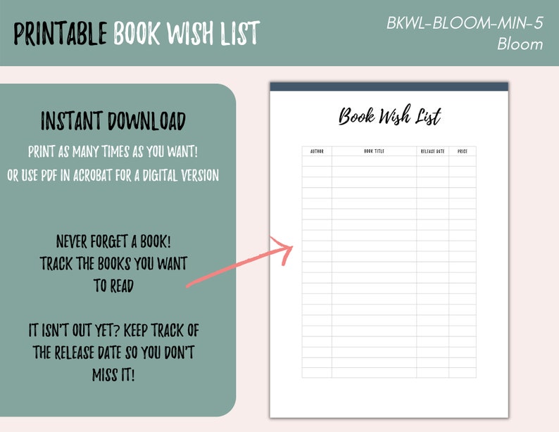 Printable Book Wish List Digital Download Print At Home Etsy
