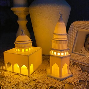 Masjid and Minaret Ramadan Decor, Mosque Lantern, Arabic Islamic, Tealight Candle Illuminated Islamic Decorative Object