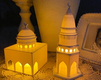 Masjid and Minaret Ramadan Decor, Mosque Lantern, Arabic Islamic, Tealight Candle Illuminated Islamic Decorative Object