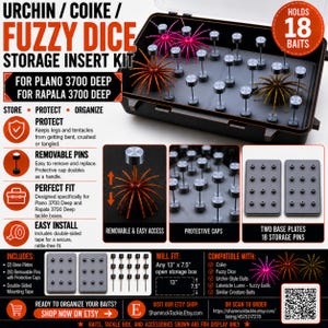 May include: A black storage insert kit for fishing tackle boxes, designed to hold 18 urchin or fuzzy dice baits. The kit includes two rectangular base plates and 18 removable pins with protective caps, measuring 13 inches by 7.5 inches.