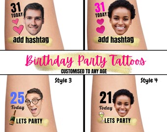 21e verjaardagsfeest gepersonaliseerde tijdelijke tatoeages | 30e verjaardag voor hem, verjaardagstatoeages, fototatoeage, gezichtstatoeage, 40