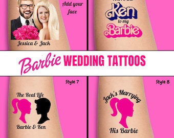 Personalized BARBIE bachelorette party temporary tattoos, groom face tattoos, bride tattoo, bachelorette favors, Barbie inspired wedding