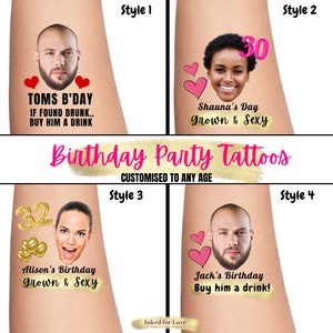 Birthday Party Photo Tattoos, Face Tattoos | Custom, personalized, temporary, photo, face, picture, gift for her, him, 30th, 40th, 21st
