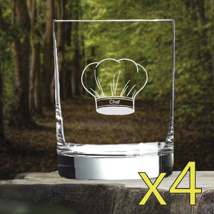 May include: Set of four clear glass tumblers with a chef hat design and the word "Chef" etched on the front.