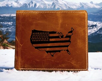 America Shape Flag Leather Wallet Bifold 100% Genuine Buffalo Premium Quality