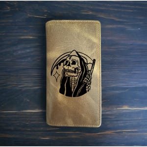 Cartera de rodeo con diseño de la muerte, estilo vaquero, de piel de búfalo occidental, con diseño de calavera y guadaña de primera calidad, NUEVA