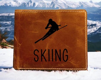 Skiing Buffalo Leather Wallet: RFID Bifold Winter Gift