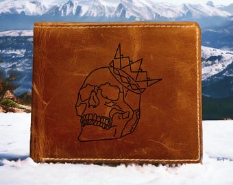 Skull Crown Leather Wallet Bifold Premium Quality Buffalo Bones Gift NEW