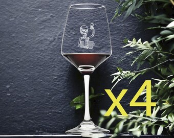 Skull Cheers Wine Glasses x4 Premium 12 Oz Personalize Beer Gift Bones Bar NEW