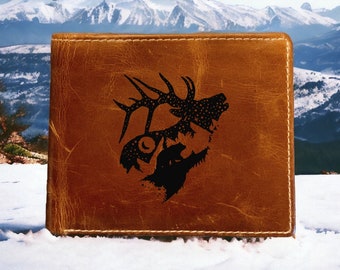 Elk Grizzly Buffalo Leather Bifold Wallet: Mountain Outdoor Design