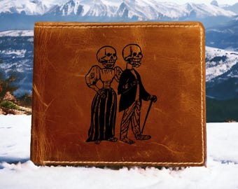 Skeleton Couple Buffalo Leather Wallet: Bifold RFID Blocking