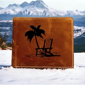 Cartera de cuero para silla de playa plegable de primera calidad con diseño de palmera de búfalo y océano NUEVA