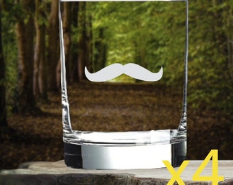 Mustache Whiskey Glasses x4 Double 14 Oz Premium Old Fashioned Costume NEW