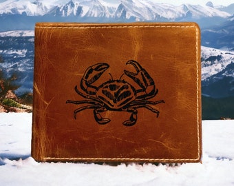 Crab Engraved Buffalo Leather Bifold Wallet: RFID Blocking