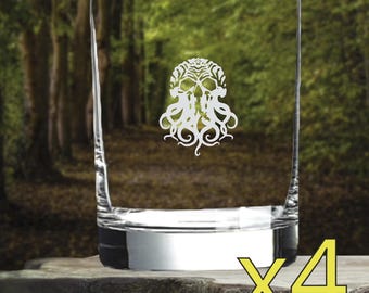 Octopus Skull Whiskey Glasses x4 Double 14 Oz Premium Old Fashioned Beach NEW