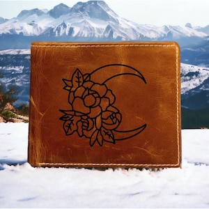 Cartera de piel con diseño de flor de luna y doble pliegue de primera calidad con diseño floral de búfalo en forma de media luna NUEVA