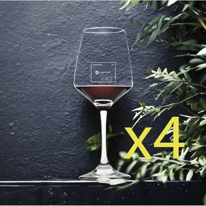 May include: Set of four clear glass wine glasses with red wine inside. The glasses have a unique design with a computer error message inside the glass. The text in the message reads "Access Denied".