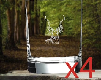 Kudu Whiskey Glasses x4 Double 14 Oz Premium Old Fashioned Animal Wild Gift NEW