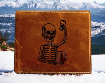 Skull Cheers Buffalo Leather Wallet: Bifold Beer Gift