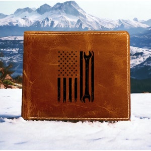 Cartera plegable de piel con bandera estadounidense, 100 % auténtica de búfalo, calidad premium