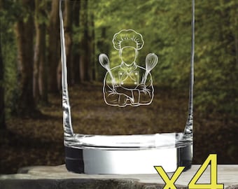 May include: Set of four clear drinking glasses. Each glass features a white outline of a chef holding a spoon and whisk. The glasses are on a wooden surface with a forest background. The number "X4" is in yellow.