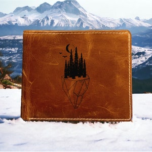 Mountain Buffalo Leather Bifold Wallet: Abstract Outdoor Design