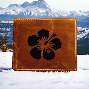 Cartera plegable de piel con flor de hibisco de primera calidad, Naturaleza floral de búfalo NUEVO