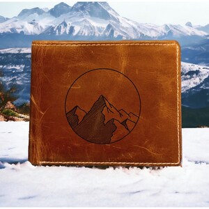 Mountain Engraved Buffalo Leather Bifold Wallet: RFID Blocking