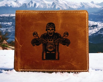 Cartera de cuero de motociclista con calavera, plegable, de primera calidad, esqueleto de búfalo, terror, NUEVO