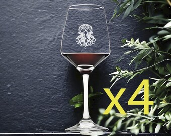 Octopus Skull Wine Glasses x4 Premium 12 Oz Personalize Beach Ocean Gift NEW