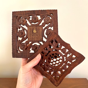 Set of 2 Vintage Footed Hand Carved Wooden Trivets