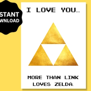 Tarjeta de feliz aniversario de Zelda imprimible para jugador, tarjeta de San Valentín de Zelda descargable, aniversario de bodas, videojuegos retro, enlace,