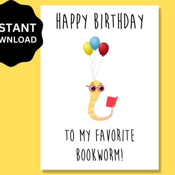 Reader Birthday Card Printable | Happy Birthday Card for Bookworm, Downloadable | Cards for Book Lovers, Birthday Gifts for Bibliophile